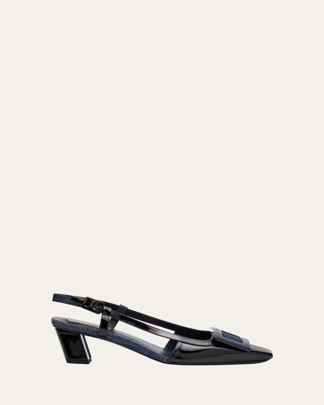 Bicolor Leather Denim Buckle Slingback Pumps